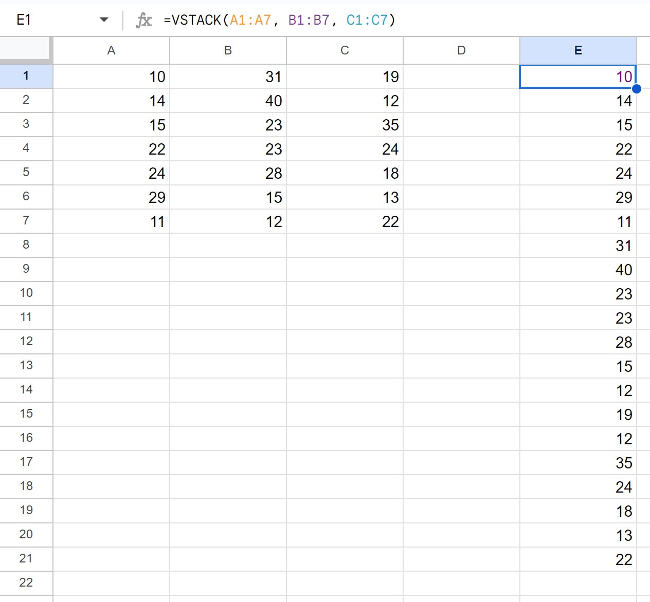 vs2 Google Sheets stack columns