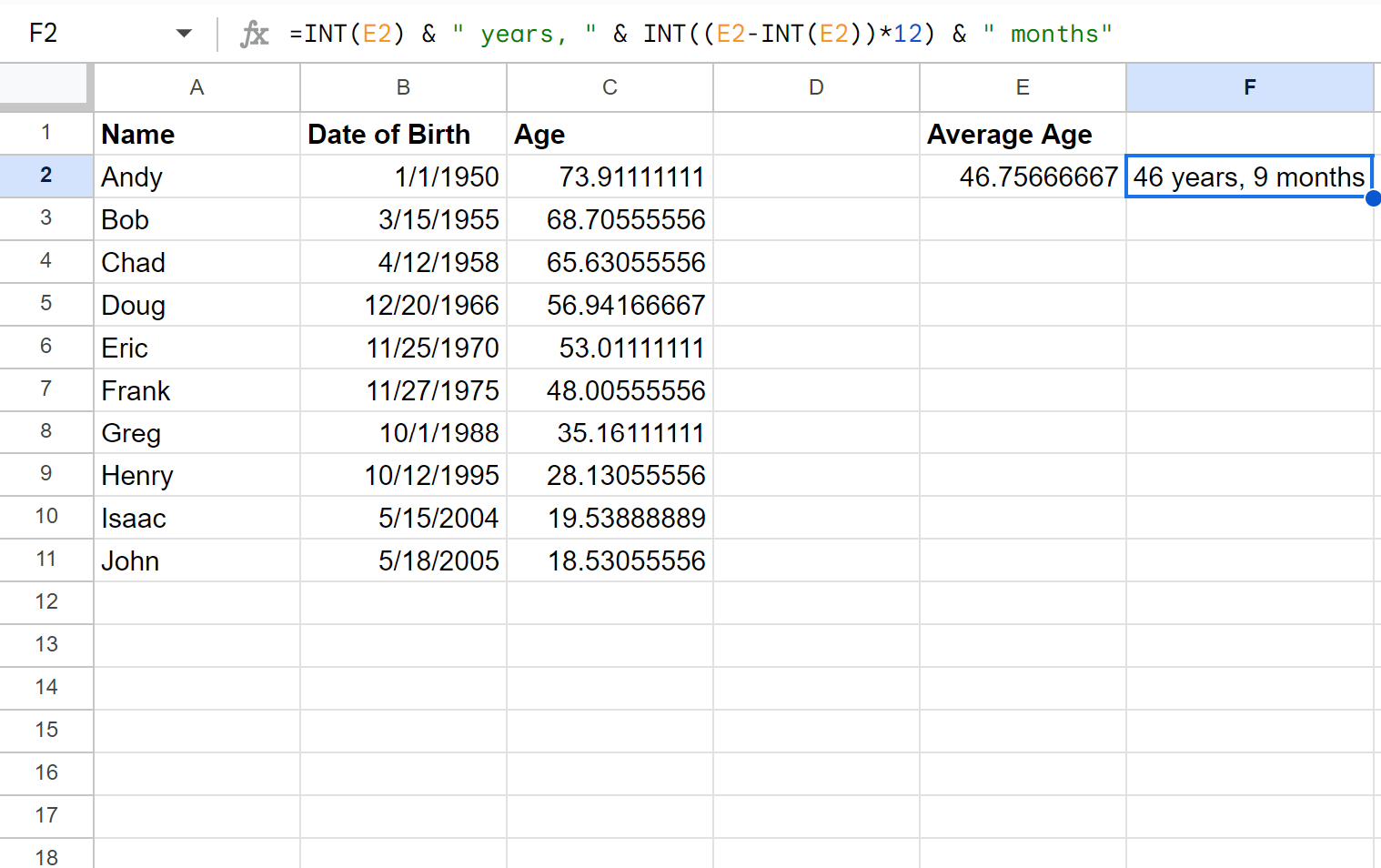 calculate average age in Google Sheets