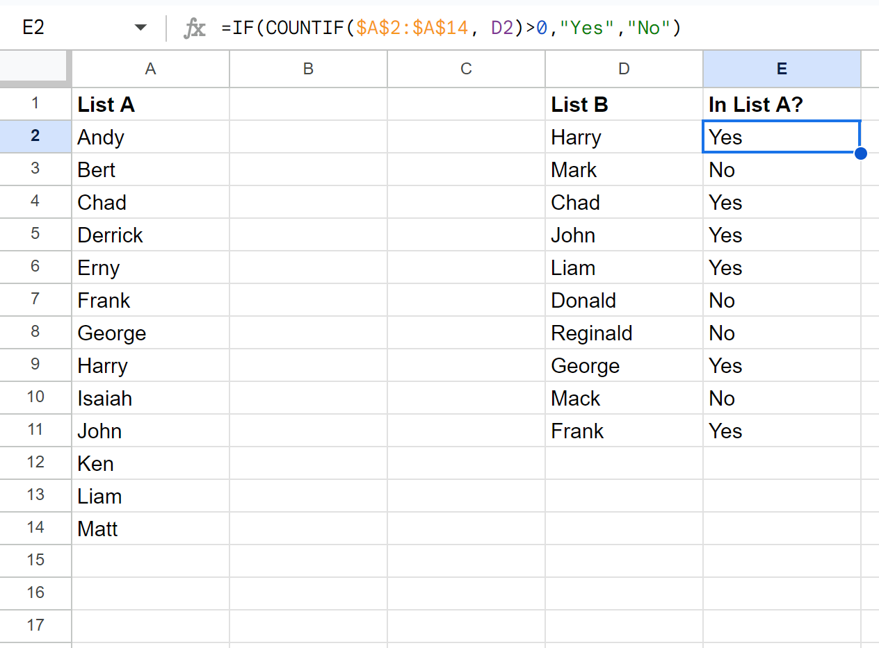 check2 Google Sheets if in list then yes