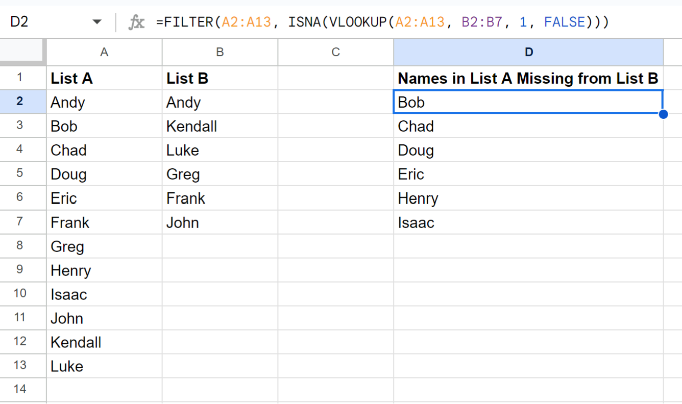 comparemiss2 Google Sheets compare two columns for missing values