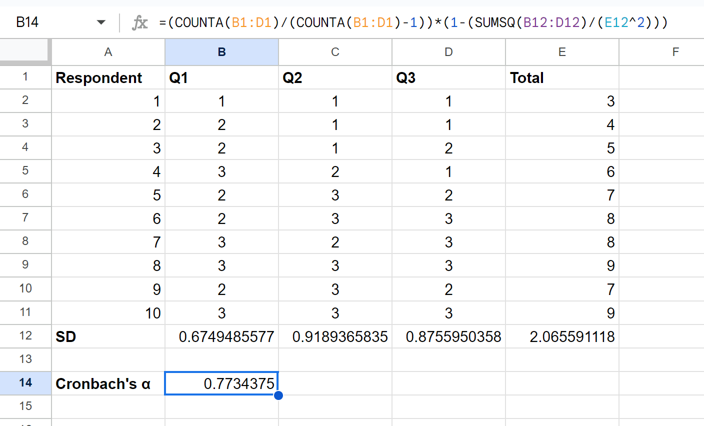 cron3 Cronbach's Alpha in Google Sheets