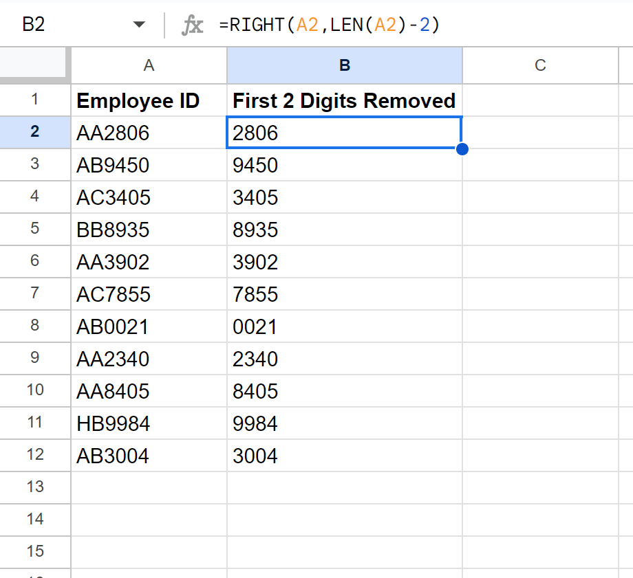 firstdig2 Google Sheets remove first 2 digits