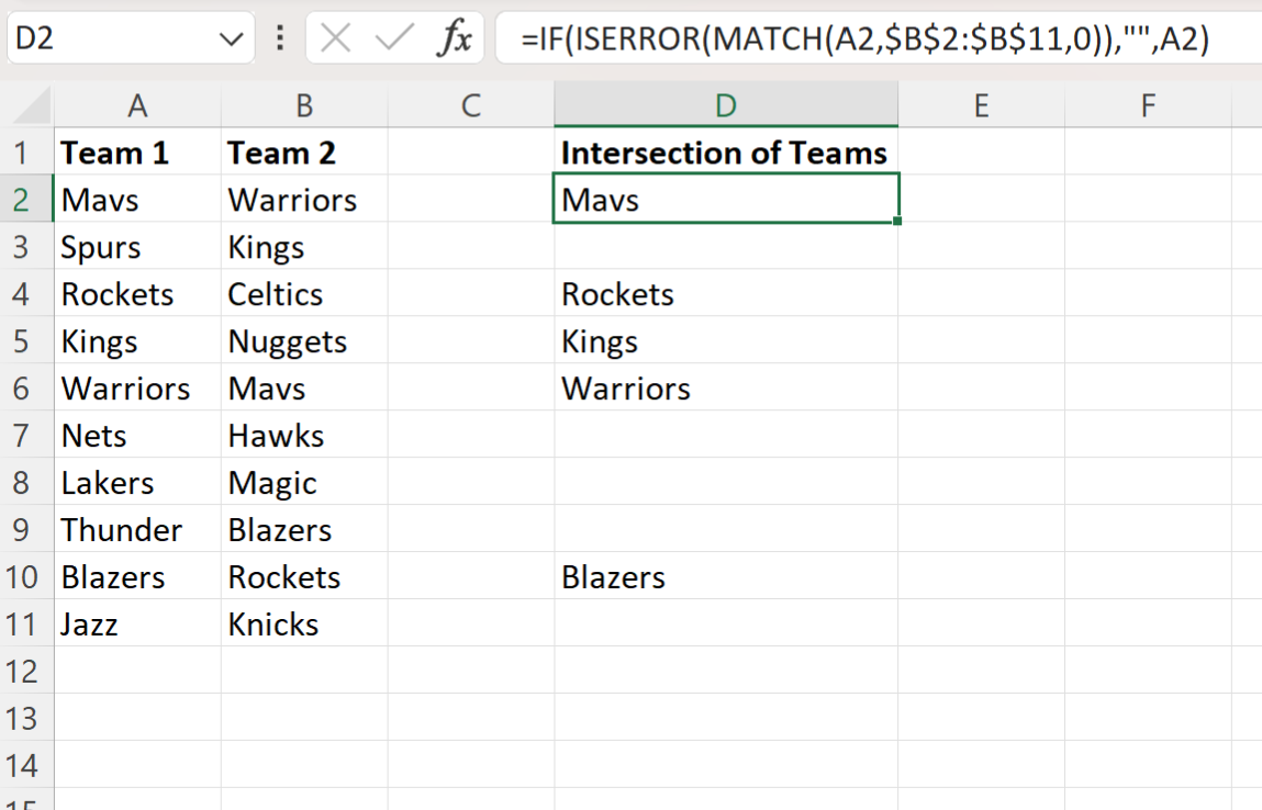 Excel find intersection of two column lists