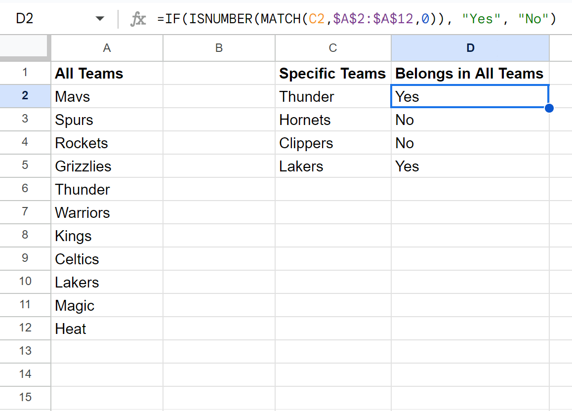 matchyes2 Google Sheets if match then yes