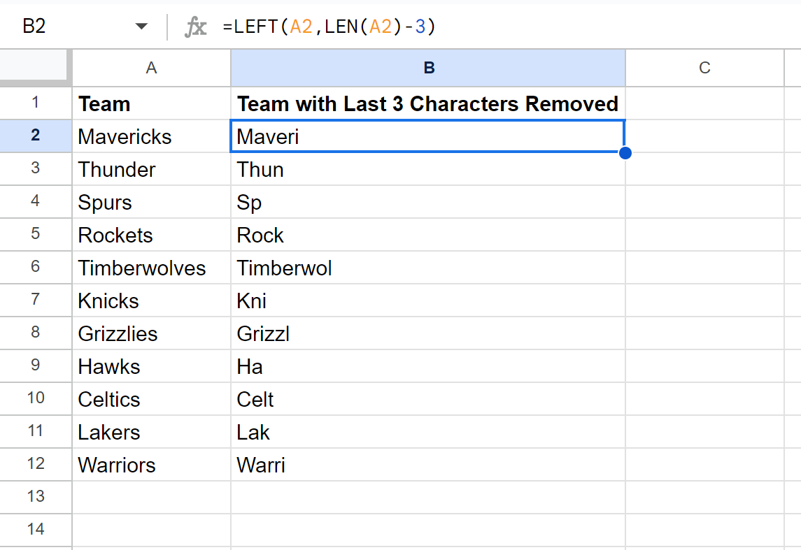 Google Sheets remove last 3 characters