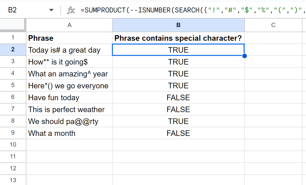 spec3 Google Sheets search for special character