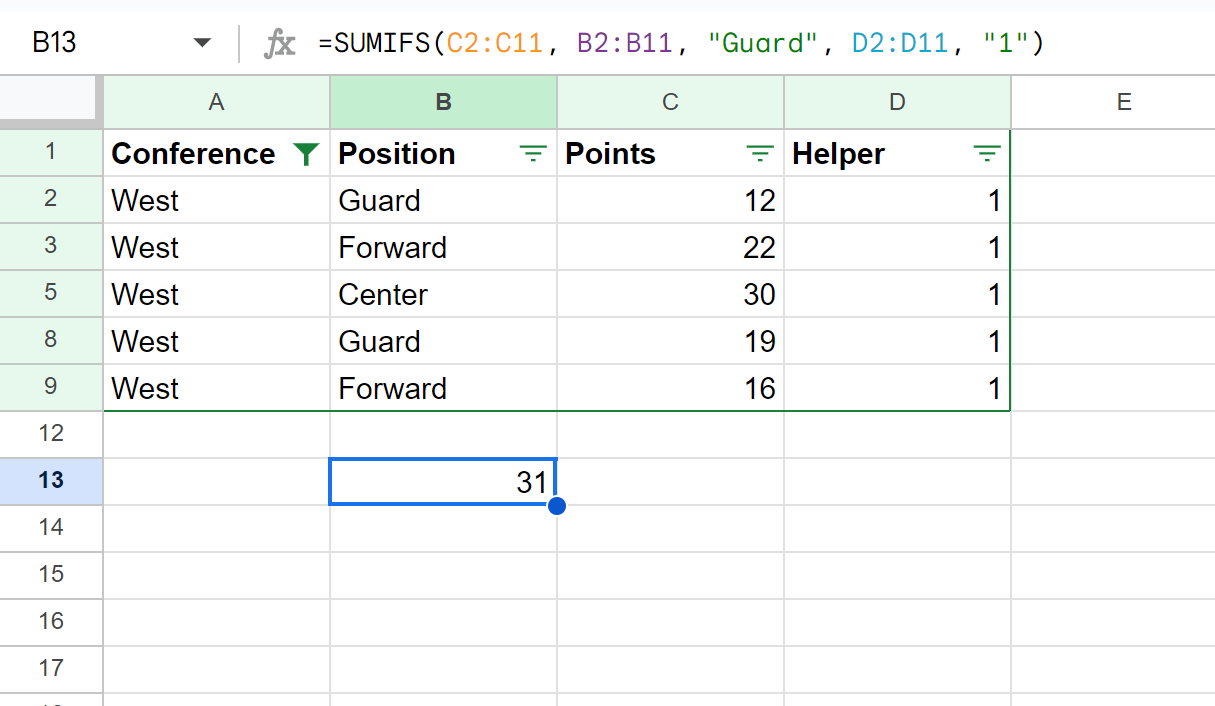 Google Sheets SUBTOTAL SUMIF