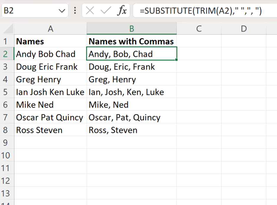 Excel add comma between words