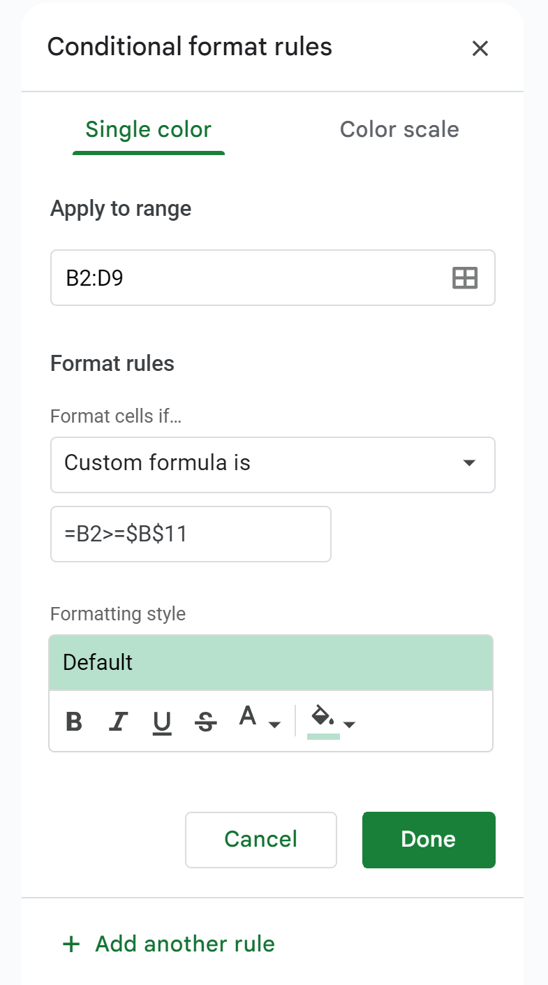 cform3 Google Sheets conditional formatting if cell is greater than or equal to value