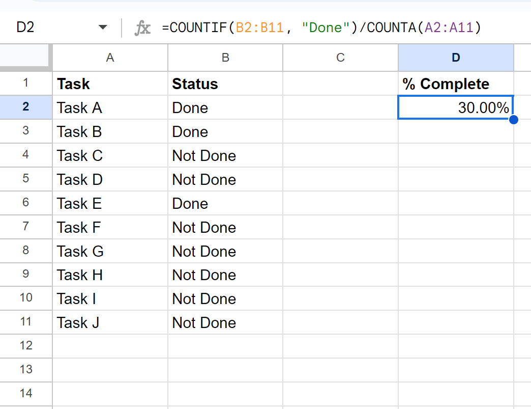 comp5 Google Sheets calculate percent complete