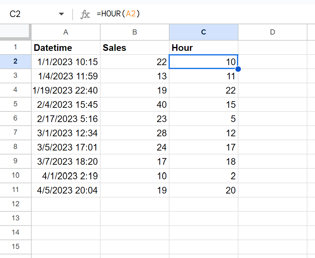 hour2 Google Sheets extract hour from datetime
