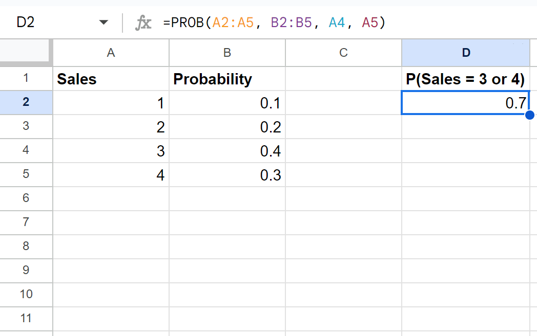 probsheet4 PROB function to calculate probabilities in Google Sheets