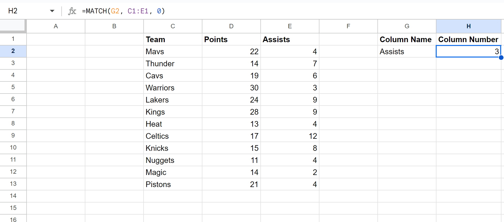 rcol2 Google Sheets return column number of match