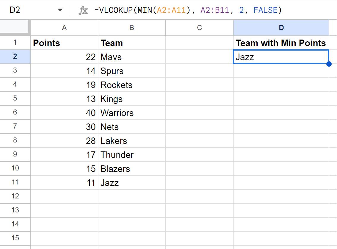 Google Sheets VLOOKUP with minimum value
