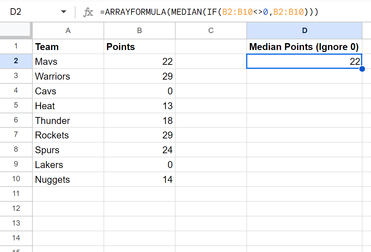 Google Sheets median ignore zero