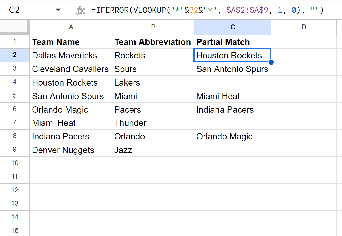 partial2 Google Sheets partial match between two columns